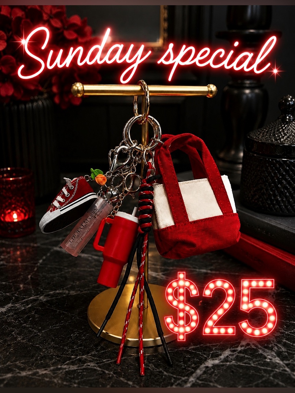 Red Mini Tote & Sneaker, lip gloss, mini cup & more Keychain Set